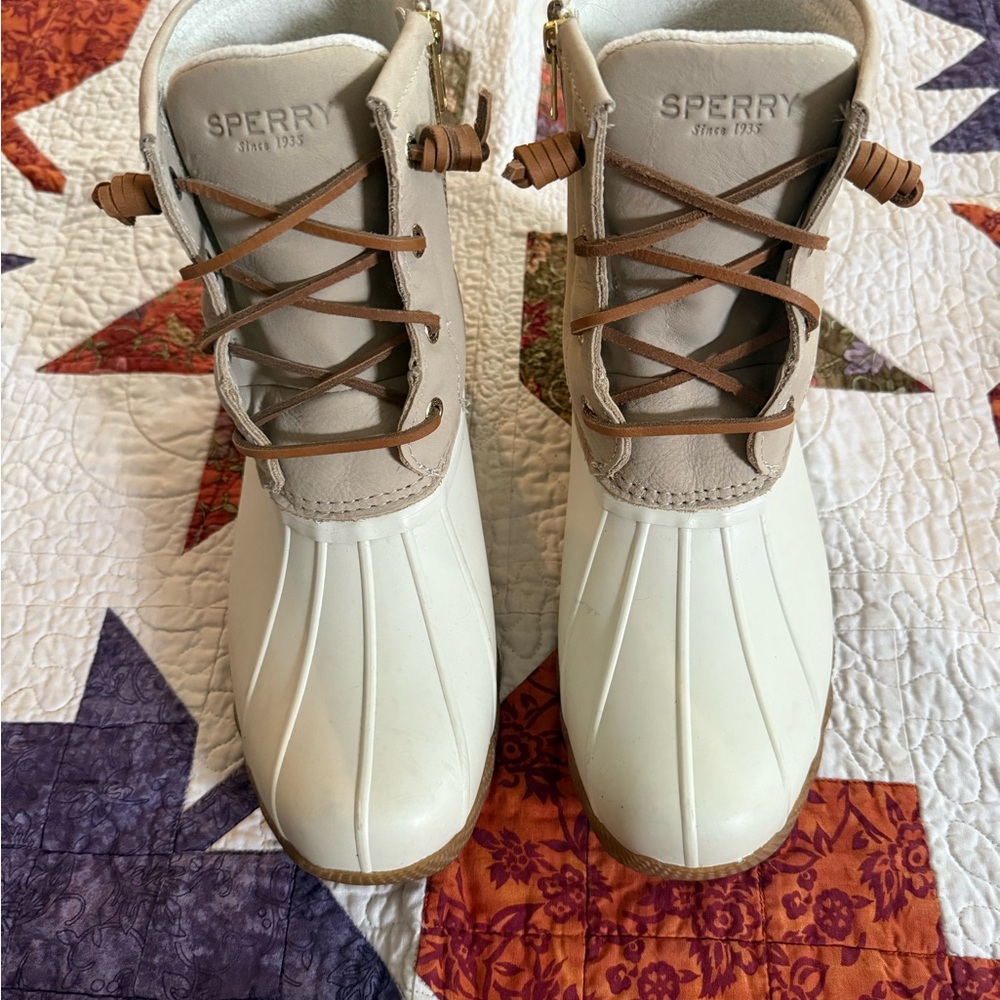 Sperry Cream and Brown Duck Boots